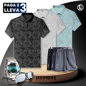 [Pague 2, Lleve 3] Kit de Camisas Polo Vex Texturizada de Seda Hielo + REGALOS: 3 Pantalones Cortos, Reloj y Gafas