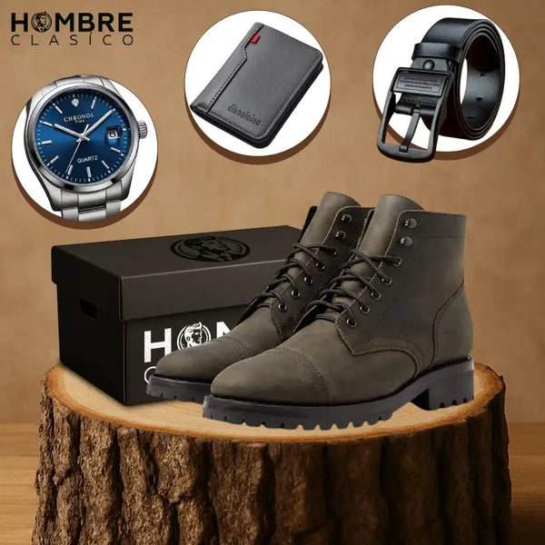 Kit Bota Alvarón de Cuero Auténtico con Suela Antideslizante +3 REGALOS: Cinturón, Reloj y Billetera de Cuero.
