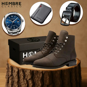 Kit Bota Alvarón de Cuero Auténtico con Suela Antideslizante +3 REGALOS: Cinturón, Reloj y Billetera de Cuero.