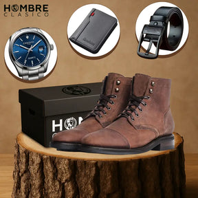 Kit Bota Alvarón de Cuero Auténtico con Suela Antideslizante +3 REGALOS: Cinturón, Reloj y Billetera de Cuero.