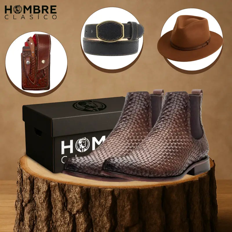 Kit Bota Llanero de Cuero Auténtico con Suela Antideslizante +3 REGALOS: Sombrero, Vaina y Cinturón de Cuero