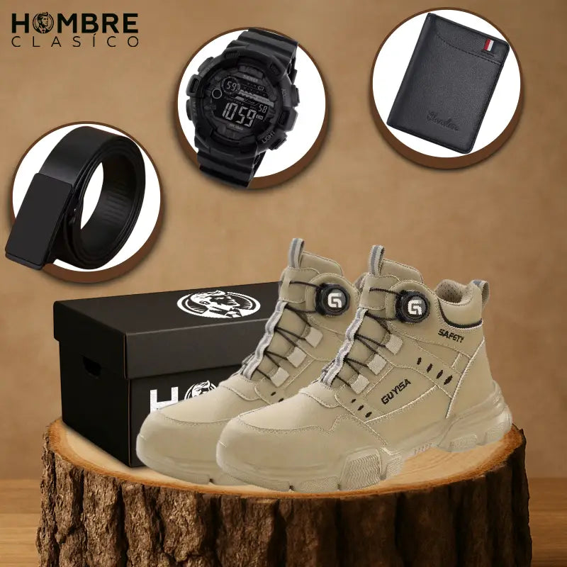 Kit Bota Warrior de Cuero Legítimo (¡Robusta y con estilo!) +REGALOS: Cinturón, Reloj y Billetera